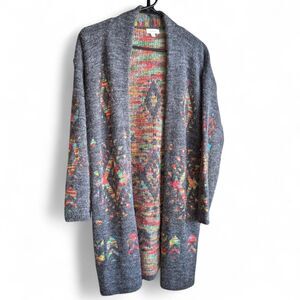 Debut Women's Grey Cardigan with Colorful Tribal Inspired Print. Cozy. Boho.
